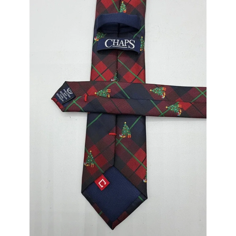 Chaps Mens Christmas Tree Plaid Necktie Navy Red Green Holiday Tie NEW